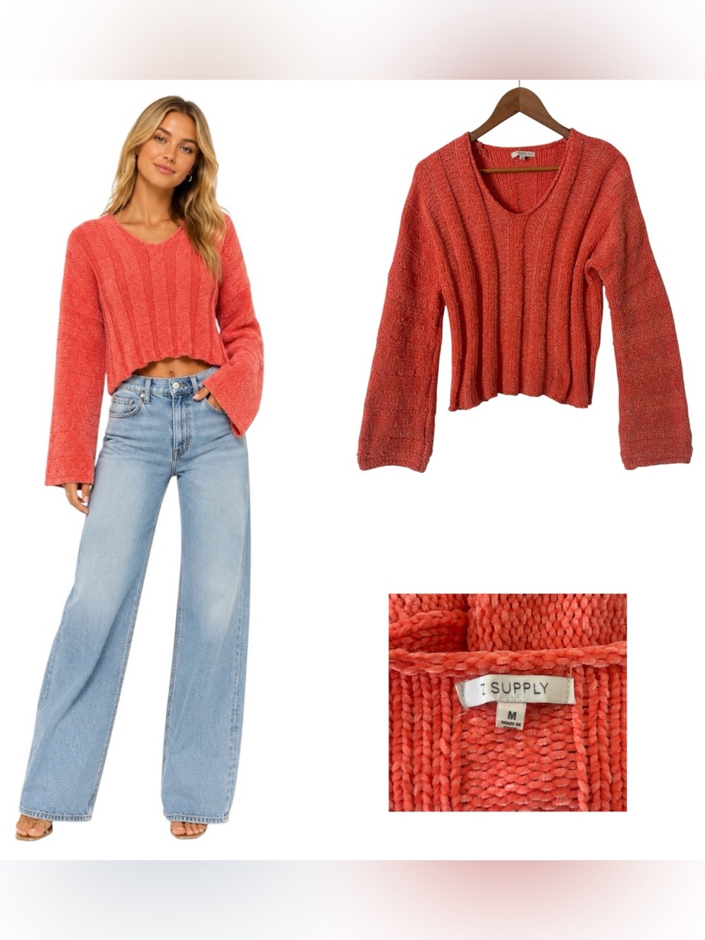 Z Supply Coral Velour Bell Sleeve Sweater